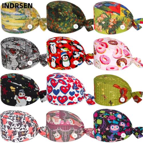 Fashion working hats for nurse doctor beauty dustproof hat elastic work cap anime surgical scrub caps buttons sweat-absorbent