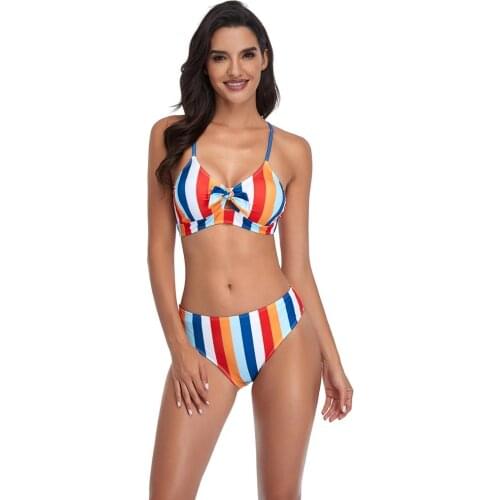 WTCandy New 2021 Print Rainbow Striped Bikini Set Women Mid Waist Swimsuit Tie Knot Swimwear Beach Biquini Summer Bathing Suit