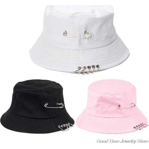 Unisex Harajuku Punk Cotton Personality Bucket Hat Metal Pin O-Ring Solid Color Wide Brim Foldable Hip Hop Fisherman Cap M20 21