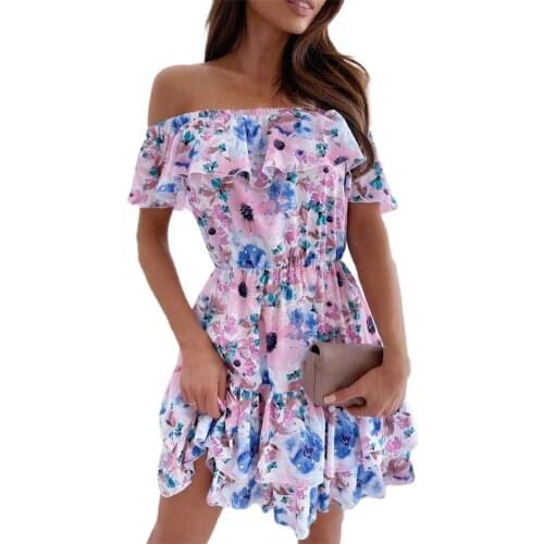 Casual Women Dress Flower Pattern All-match Off Shoulder Short Sleeve Princess Dress for Dating Street wear Blue xl vestidos