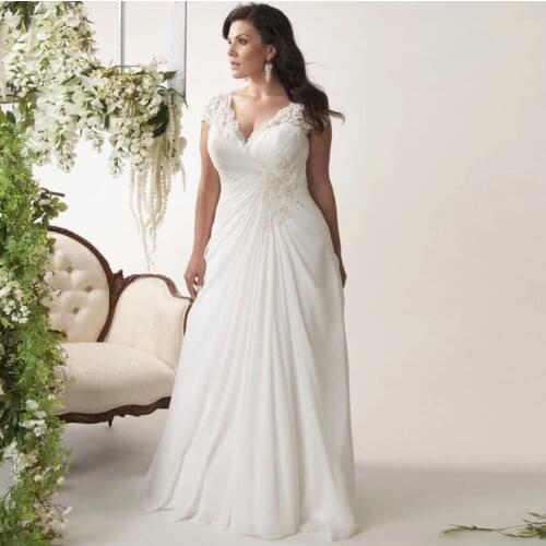 Plus Size Wedding Dress A-Line V-Neck Cap Sleeve Backless Lace Appliques Beads Pleat Floor Length Sweep Train Bride Gown New