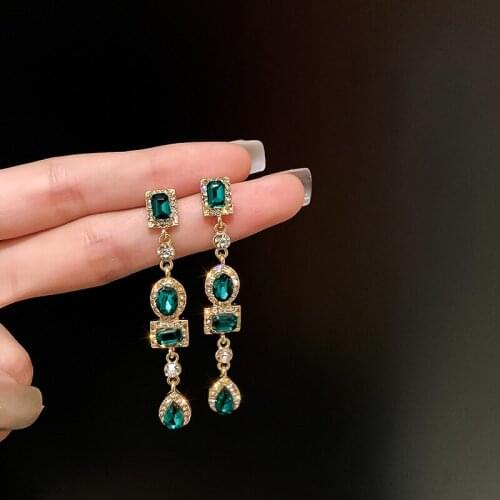 Vintage French Style Green Color Crystal Dangle Earrings for Women Girls Simple Luxury Temperament Geometric Earrings Jewelry