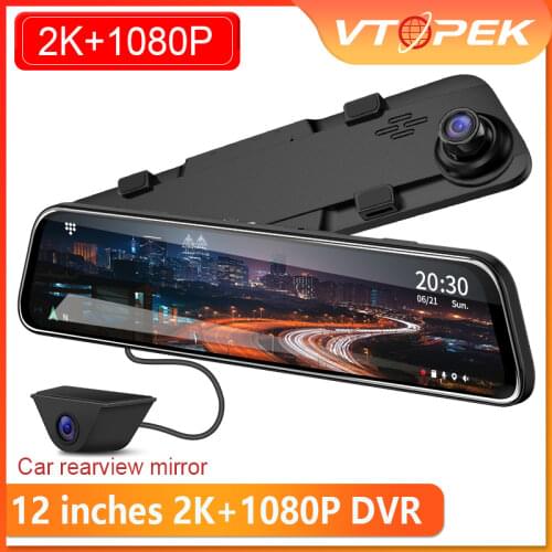 Vtopek 12 Car DVR 2K Touch Screen Stream Media Dash Cam Dual Camera Time-Lapse Video GPS Night Vision Rearview Rear Camera HD
