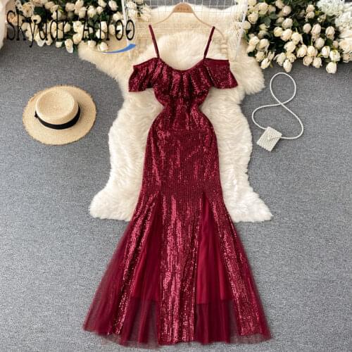 Womens Party Night Dresses 2021 Spaghetti Strap Sexy Maxi Long Dress Silm Robe Femme Sequined Elegant Party Dress