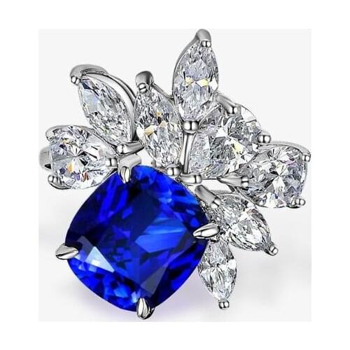 Solid 925 Sterling Silver 10*11mm Sapphire Ruby Created Moissanite Flower Rings For Women Sparkling Wedding Fine Jewelry