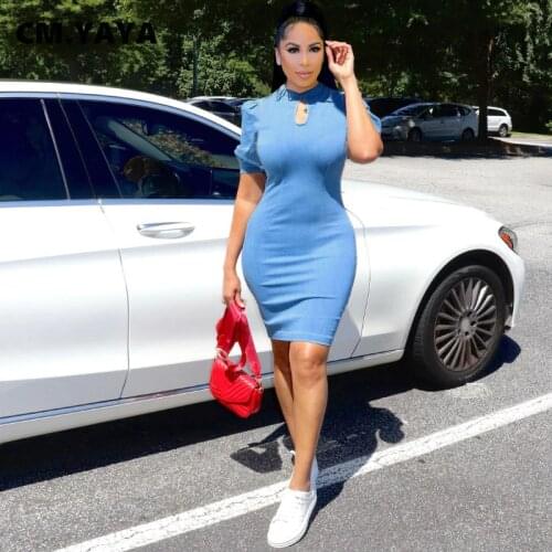 CM.YAYA Women Midi Dress Solid Short Puff Sleeve O-neck Hollow Out Stretchy Skinny Bodycon Dresses Office Lady Outfit Summer