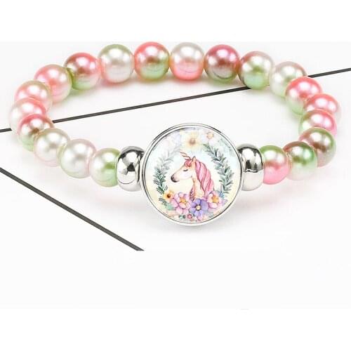 10PC/lot Unicorn Beaded Bracelets 18mm Snap Buttons Dome Cabochon Horse Charms Trendy Jewelry Girls Kids Women Boy Unisex Gift