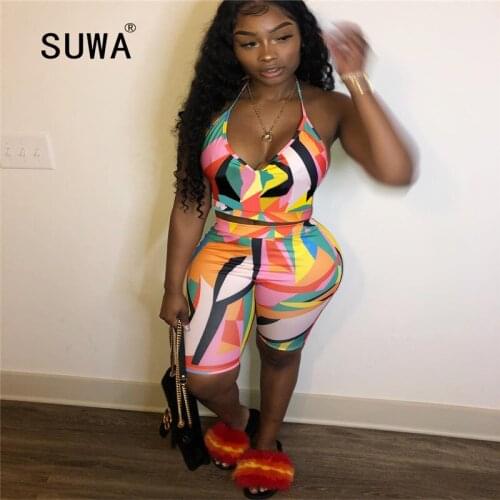 2020 hot recommend decorative pattern condole belt sleeveless deep v neck top and hot shorts 2 pieces set high street lady set