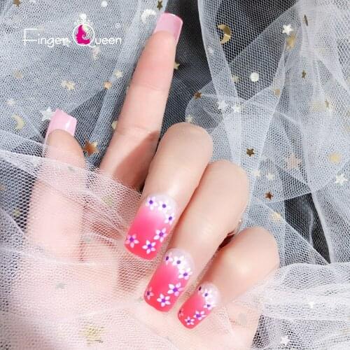 24pcs Box Fake Nails With Glue Halloween Nails Accessories And Tools Flower Pattern Design Gradient Pink White Purple French