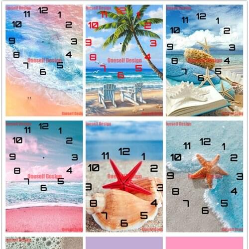 2021 beach diamond painting cross stitch with clock diamond mosaic sale clock rhinestone pictures diamond embroidery diy frame