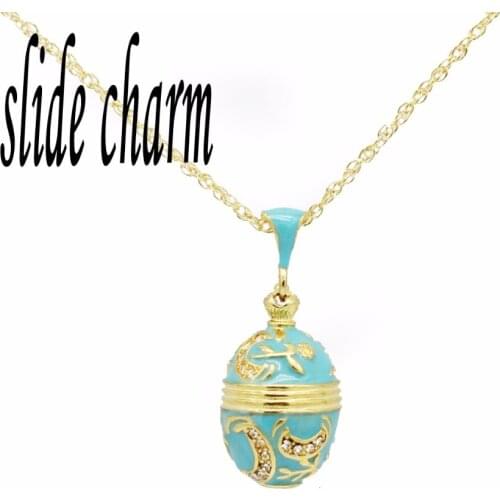 Slide charm Free shipping Blue Enamel Plant Russian Easter Decorative Egg Pendant Golden Crystal Rhinestone Necklace