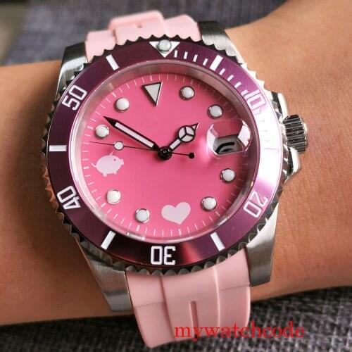 Bliger 40mm Pink Dial Sapphire Glass 24 Jewels Genuine NH35A Automatic Watch Rubber Band Rotating Beze Romantic Pig Pattern