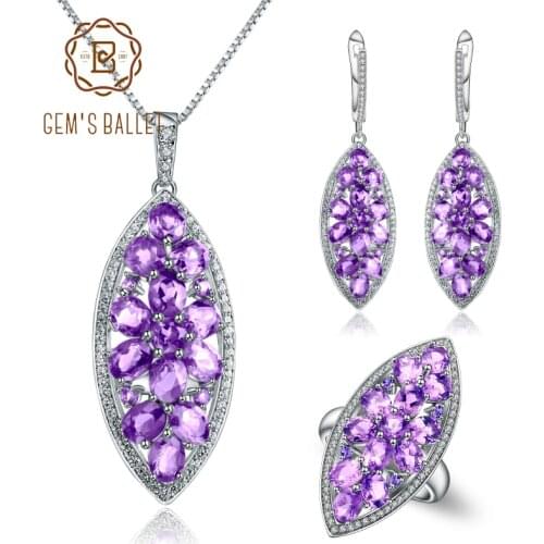 GEMS BALLET 925 Sterling Silver Natural Amethyst Ring Earrings Pendant Sets Handmade Petal Floral Jewelry Set For Women Wedding