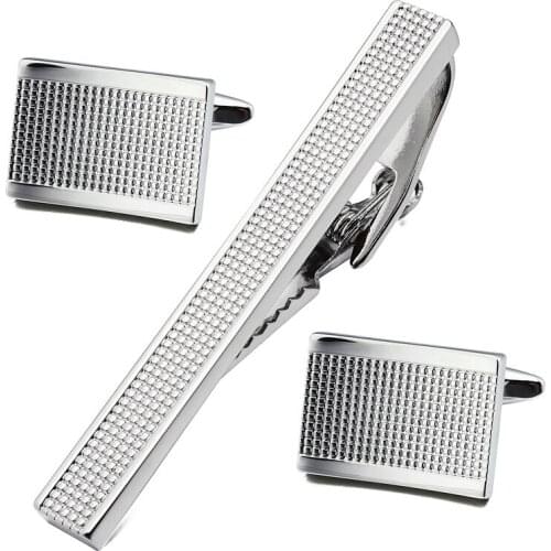 Classic Star Engraved Man Shirt Cuff Links and Tie Bar Clips Set for Wedding and Business Jewelry
