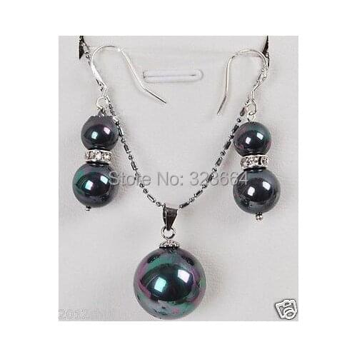 Beautiful black shell Pearl Pendant Necklace silver hook Earrings Sets