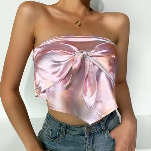 Musuos Sexy Women Tube Crop Top Bandeau Printing Bandage Streetwear Club Tops Satin Strapless Backless Ruched Stretch Tank Shirt