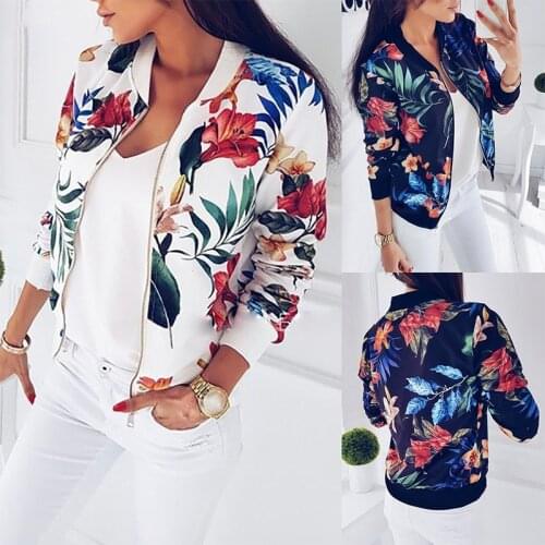 Women Flower Print Bomber Jacket Zipper Vintage Slim Coat Summer chaqueta bomber mujer Fashion Plus Size Short Biker Jackets