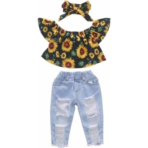 Summer Children Girl Short Sleeve Jeans 2-piece Suit 2021 Straight Shoulder Print Short Sleeve Top Ripped Jeans Sets trousers