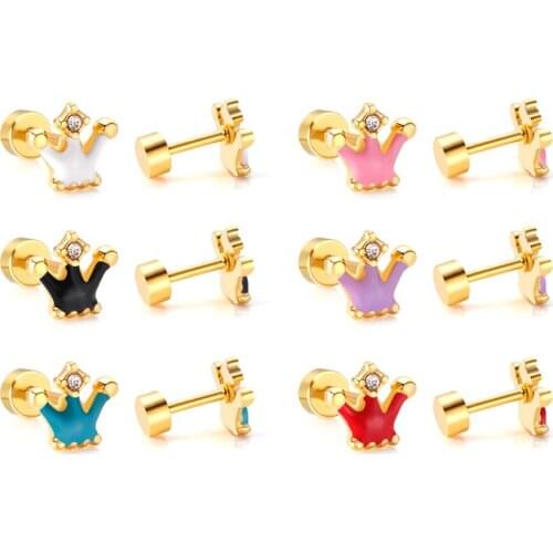 LUXUKISSKIDS12pairs/Lot Elegant Crown Jewelry Stainless Steel Stud Earrings For Women Gold Screw Back Stud Earing brincos