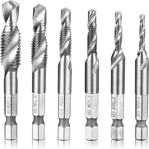 6Pcs Metric Drill Tap Set Hex Shank Combination Drill and Tap Bit Set HSS Screw Tap Deburr Drill Bits M3-M10