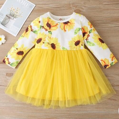 New Kids Dresses for Girls Cute Sunflower Print Long Sleeve Patchwork Mesh Baby Girl Dress Casual Field Autumn Kids Clothes 1-6Y