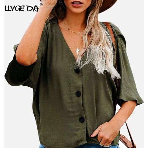 Solid V-neck Flare Sleeve Women Shirts Oversized Single Breasted Ladies Shirt Female 2021 Fashion Summer Beach Style Casual Tops