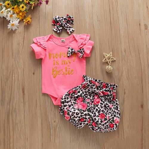 3Pcs Baby Girl Clothes Casual Set, Letter Print O-Neck Short Sleeve Romper+ Leopard Shorts+ Headband for Summer, 0-18 Months