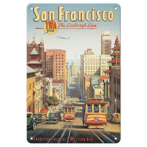 San Francisco - The Lindbergh Line - TWA - California Street Cable Cars - Airline by Kerne Erickson Metal Tin Sign