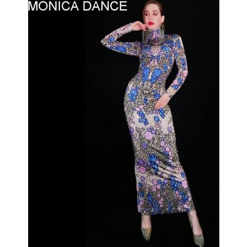 Sexy Stage Blue Purple Rhinestone Flower Pattern Spandex Dress Birthday Prom Outfit Evening Women Dancer Singer Vintage Dress