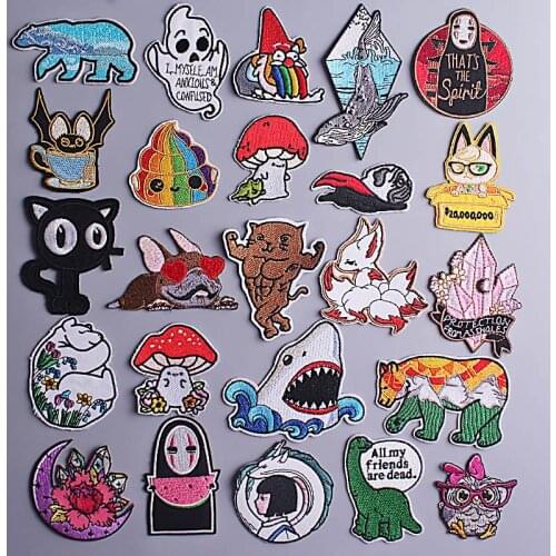 Kawaii Animal Patch Iron On Patches On Clothes Stripe Sticker Badge Patch Anime Cat Embroidered Patches For Clothing Applique