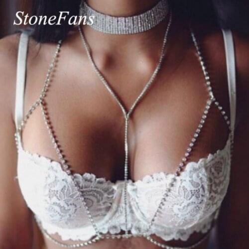 Stonfans Summer Sexy Rhinestone Chest Necklace Choker Jewelry for Women Hollow Crystal Bra Body Chain Harness Bikini Jewellery