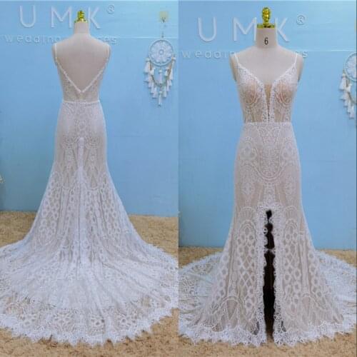 UMK Sexy Boho Mermaid Wedding Dress Lace Spaghetti Straps Front Split V Neck Chic Bohemia Bridal Gowns