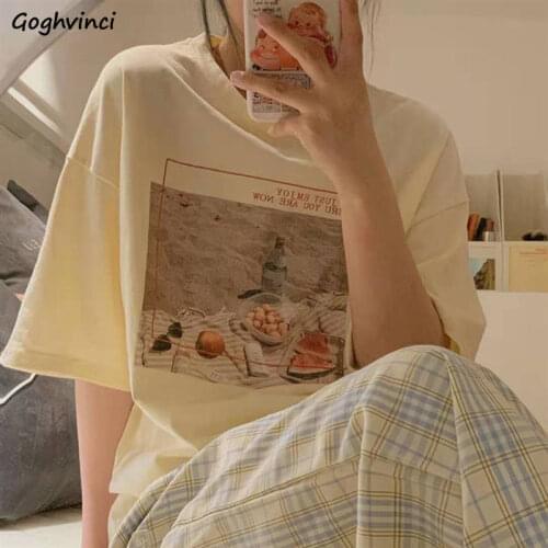 Summer Oil Printing Aesthetic T-shirts Women Vintage Short Sleeve Loose Students Harajuku Retro Stylish Ulzzang Tops Outwear Ins