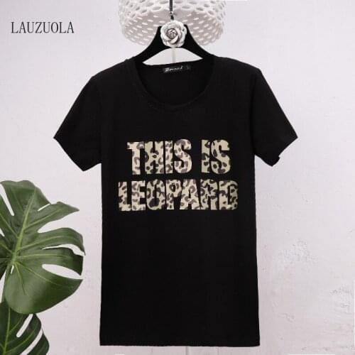 Plus Size Summer Tshirt Femme Cotton Leopard Letter Print Short Sleeve Tee Shirts 2021 New Fashion Tops for Women Black 3XL 4XL