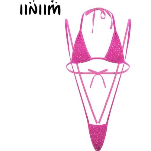 Women Summer Bikinis Set Glitter Rhinestone Lingerie Suit Lace-up Swimwear Sunbathing Bikini Set Halter Neck Bra with G-string