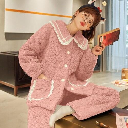Womens Winter Three Layer Thickened Plush Flannel Warm Pink Colour Homewear suit