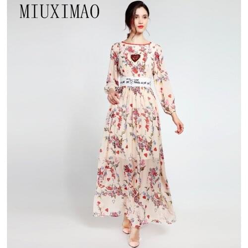 2019 Fall Latest Fashion A-Line O-Neck Full Sleeve Elegant Sequined Floral Print Casual Style Ankle-Length Long Dress Women