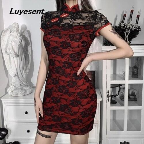 Red Gothic Women Sexy Cheongsam Mini Dress Summer Lady Black Lace Stand Collar Hollow Out Dresses Chinese Buckle Goth Vestidos