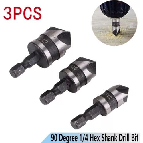 3PC 90 Degree Countersink Drill Chamfer Bit 1/4" Hex Shank Carpentry Woodworking Angle Point Bevel Cutting Cutter Remove Bur