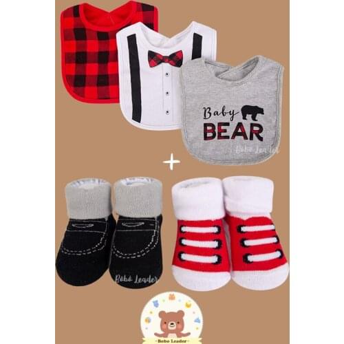Bobo Leader Luvable Friends New Style Newborn baby trendy Drooler Bibs and socks set 5PCS Set Soft Cotton Infant baby