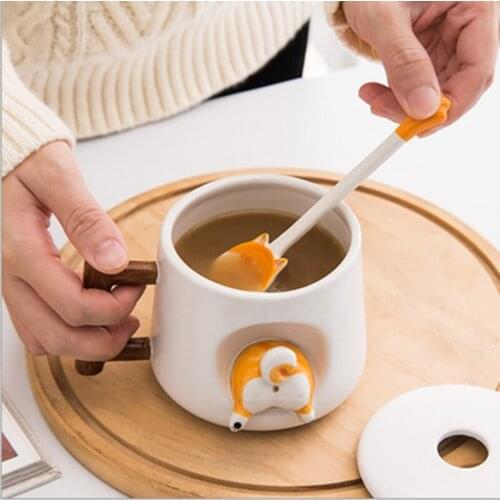 Couple Chai dog cup Keji ceramic cap spoon cartoon creative personality Mug office coffee girl cup