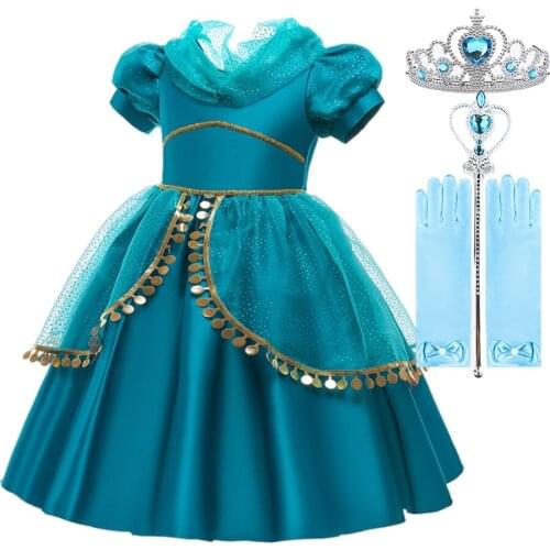 Children Jasmine Princess Dress Kids Jasmine Dress Up Summer Cosplay Costume Princess Dress for Girls Halloween Evening Dress