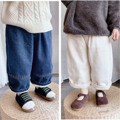 Autumn Winter New Kids Jeans Korean Casual Loose Baby Girls Boys Wide Legs Denim Pants Solid Plus Velvet Childrens Trousers