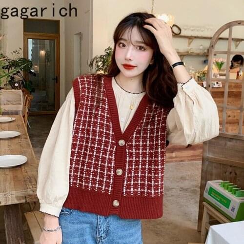 Gagarich Woman Chic Set 2021 Autumn New Japanese V-neck Plaid Single Breast Knit Vest Puff Sleeves Shirt Female Two Piece Suit