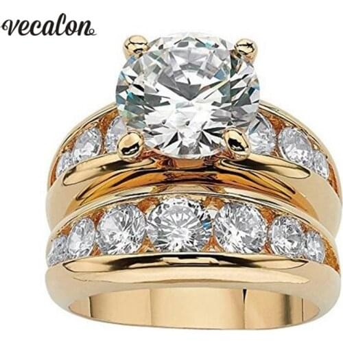 Vecalon Gold Color Solitaire Wedding Ring set 925 Sterling Silver 5A Zircon Stone Daily Engagement Band rings for women Jewelry