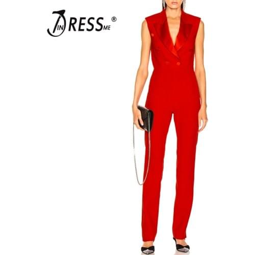 INDRESSME 2019 Autumn New Fashion Office Lady Straight Rompers Red Women Trendy V Neck Sleeveless Button Thin Jumpsuit Playsuit