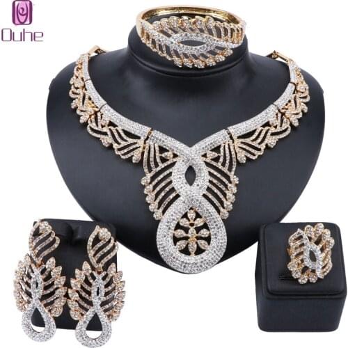 Women Luxury African Beads Jewelry Set Full Rhinestone Necklace Earring Ring Bangle Wedding Party Jewellery Set