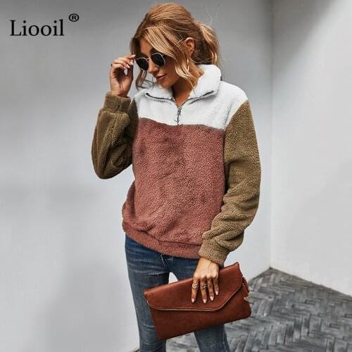 Patchwork Color Block Fleece Sweatshirt Women 2020 Long Sleeve Turn-down Collar With Zipper Ladies Autumn Winter Warm Pullovers