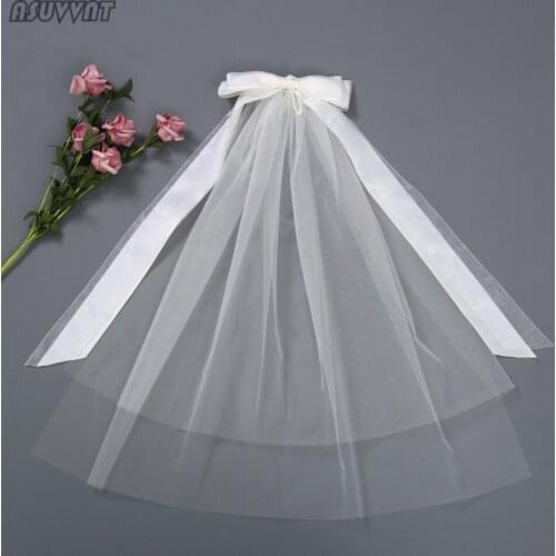 Trendy Bridal Wedding Veil Bow Pearl Hair Comb Veil Wedding Accessories Gauze Long Veil Brides Veil For Wedding Party Dress Up