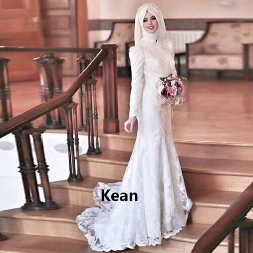 Muslim vestido de noiva Mermaid Wedding Dress Applique Puff Sleeve Scarf Dubai Arabic Robe De Mariee Custom Made New Arrival